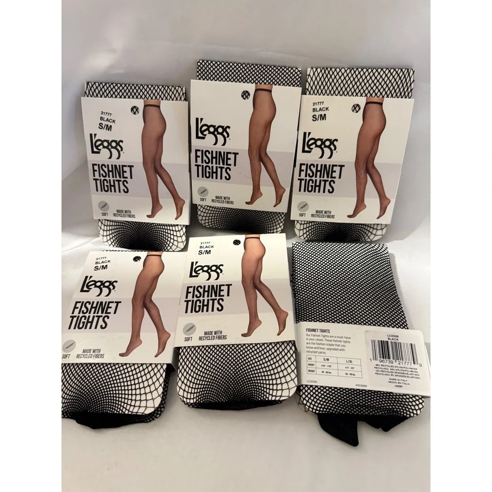 Lot of 6 L'eggs Fishnet Tights Black S/M Soft Recycled Fibers NWT Hosiery